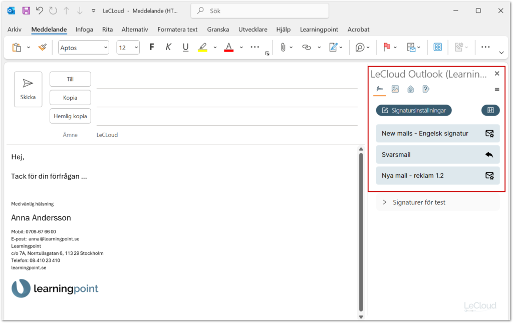 Learningpoints Outlook mejl - LeCLoud